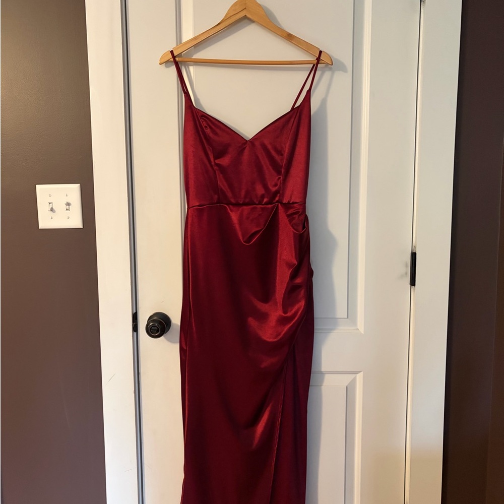 Altar'd State Burgundy Satin Floor Length Formal Gown with Slit